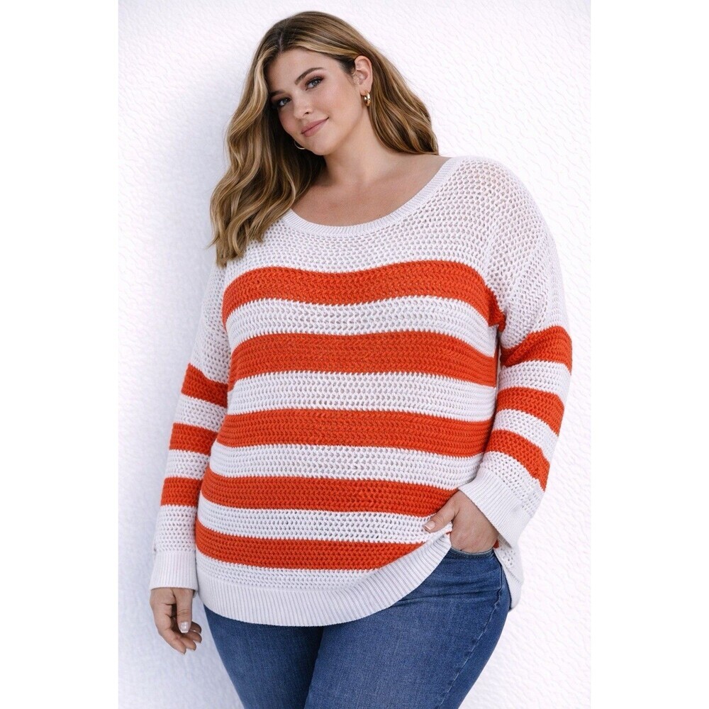 Old Navy Women's XXL White Orange Striped Open Knit Sweater Long Sleeve Pullover